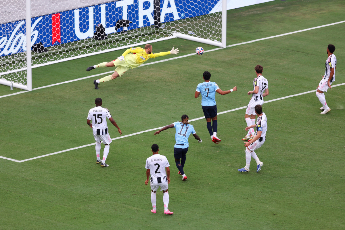 ORLANDO, FLORIDA - JUNE 26: Jeremy Doku #11 of Manchester City scores his team's first goal during the FIFA Club World Cup 2025 group G match between Juventus FC and Manchester City FC at Camping World Stadium on June 26, 2025 in Orlando, Florida. (Photo by Megan Briggs/Getty Images)